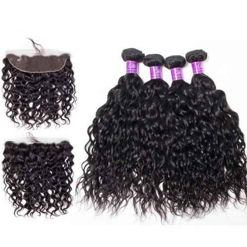 4 Bundles with Frontal  HD Lace and Transparent Lace 13*4 Natural Wave Human Virgin Hair Pre-plucked Natural Hairline Frontal
