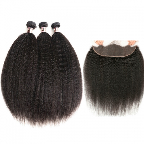 3 Bundles with Frontal Kinky Straight  Wave Human Virgin Hair