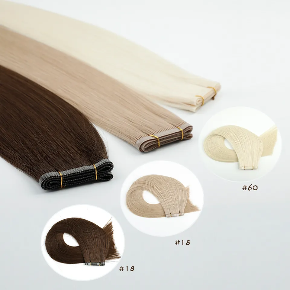 Hand Tied Skin PU Weft hair extensions Aligned Colored Human Hair Weft